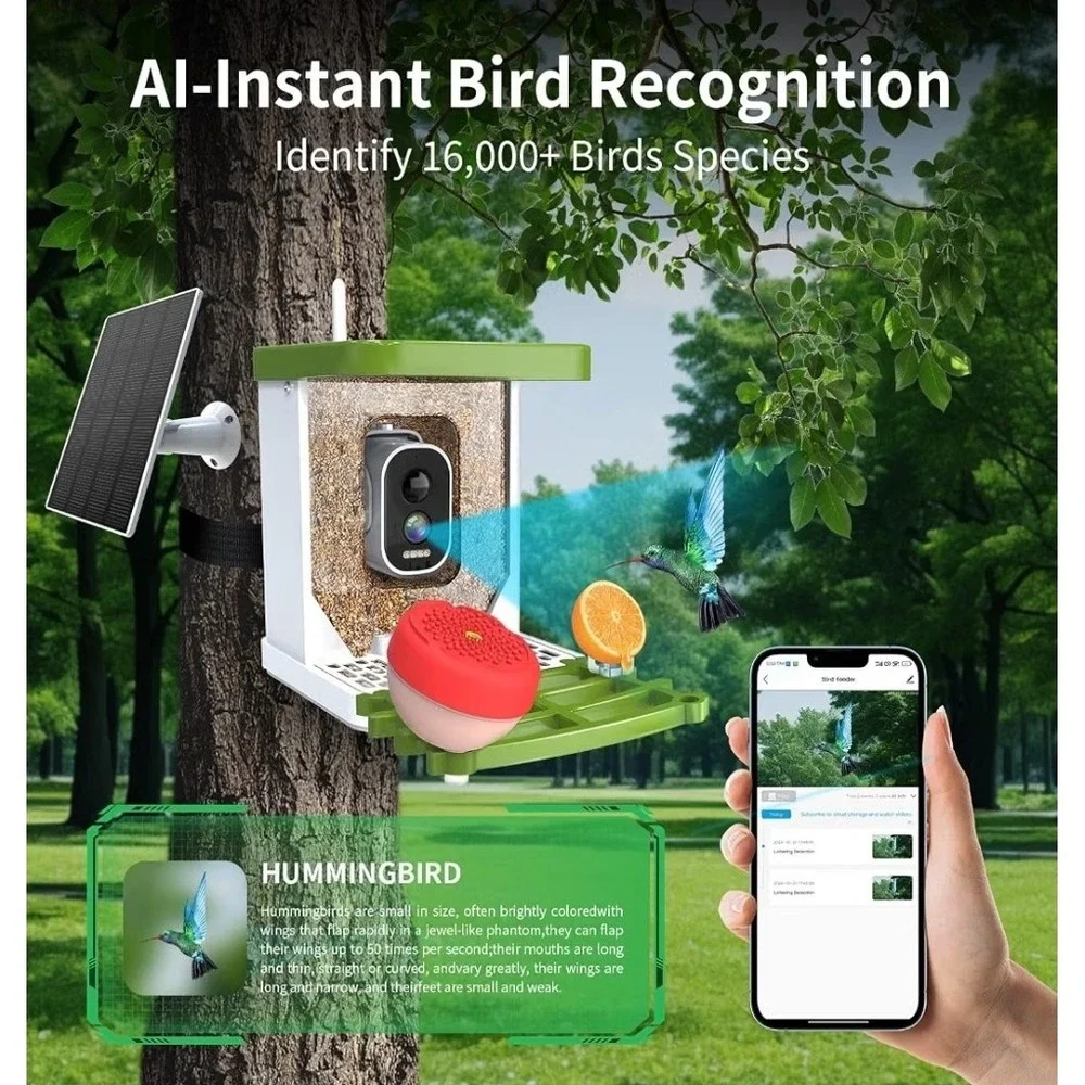 2K Smart Bird Feeder Camera, Solar, AI Bird ID, WiFi, Green